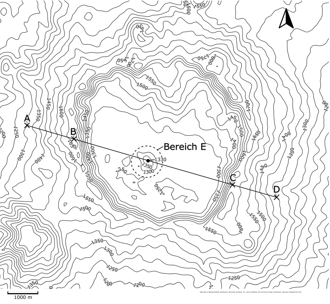 Topografische Karte mit Höhenlinien und markierten Punkten A bis E.